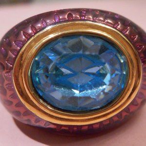 Vtg. KENNETH J. LANE Gold & Purple Enamel with Blue Crystal Band Ring! 7